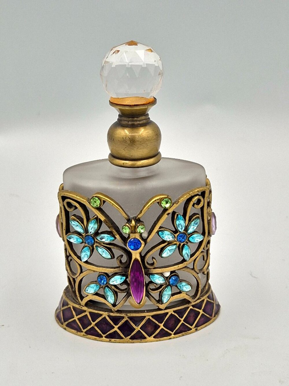Encased Perfume Bottle Frosted Glass Jewelled Butterfly